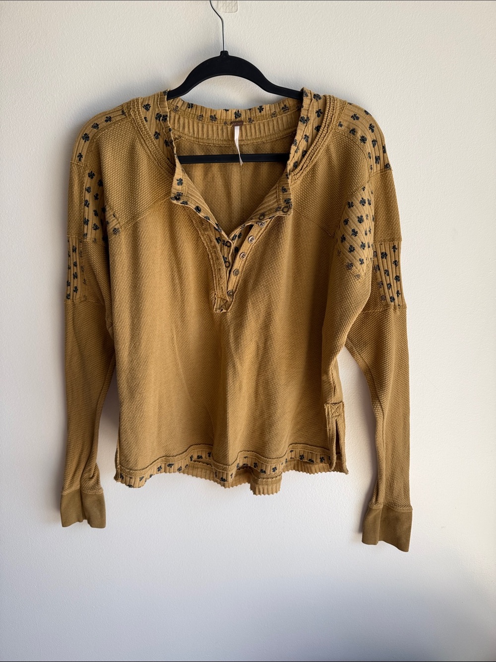 Free People Mustard Henley Waffle-Knit Pullover with Contrast Embroidery